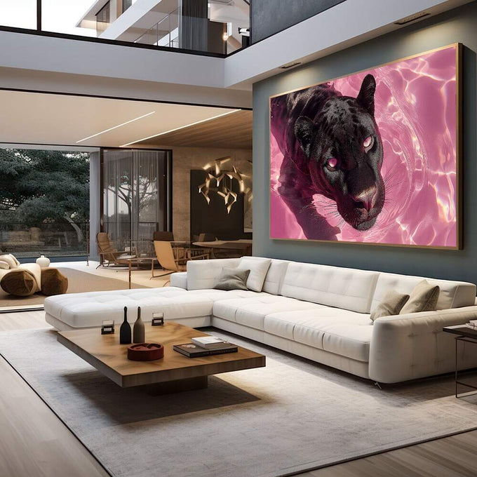 Quadro Decorativo Pantera Rosa Impactante | quadros decorativos para sala | Pantera preta com olhos rosa em águas rosa-neon luminosas | em Quadros para Sala | Porao dos Quadros