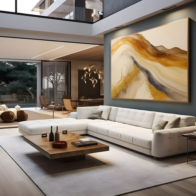 Abstrato fluido marmorizado em bege, âmbar e cinza com veios e manchas douradas, quadro decorativo