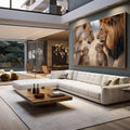 Quadro Decorativo - Leões em Harmonia Familiar | quadros decorativos para sala | Família de leões com filhotes em tons marrom e bege, composição majestosa com luz natural. | em Quadros para Sala | Porao dos Quadros
