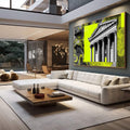 Quadro Decorativo Moderno Arquitetônico | quadros decorativos para sala | Edifício clássico com colunas em amarelo neon vibrante e padrões texturizados em preto | em Quadros para Sala | Porao dos Quadros