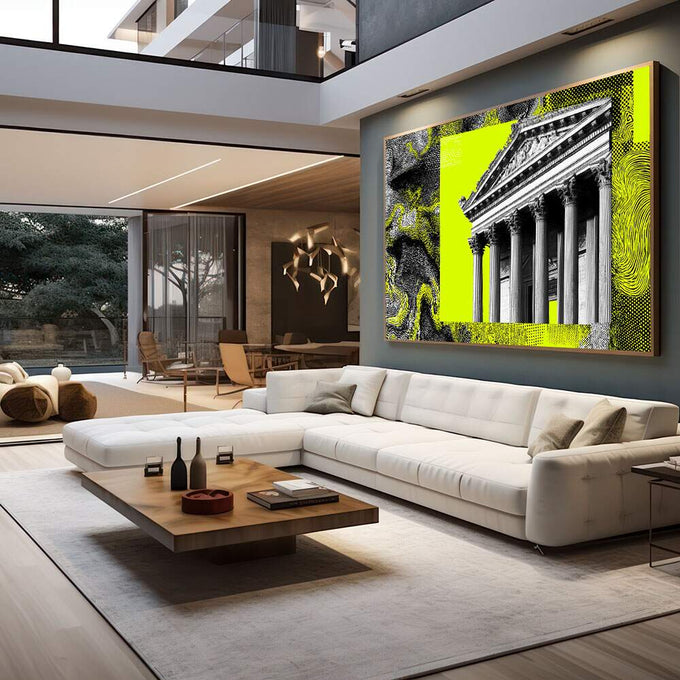 Quadro Decorativo Moderno Arquitetônico | quadros decorativos para sala | Edifício clássico com colunas em amarelo neon vibrante e padrões texturizados em preto | em Quadros para Sala | Porao dos Quadros