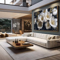 Quadro Decorativo Elegância Floral Dourada | quadros decorativos para sala | Flores brancas e douradas em textura realista contra fundo preto profundo | em Quadros para Sala | Porao dos Quadros