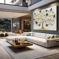Quadro Decorativo Árvore da Vida | quadros decorativos para sala | Árvore branca em relevo com borboletas azuis em composição elegante e sofisticada | em Quadros para Sala | Porao dos Quadros