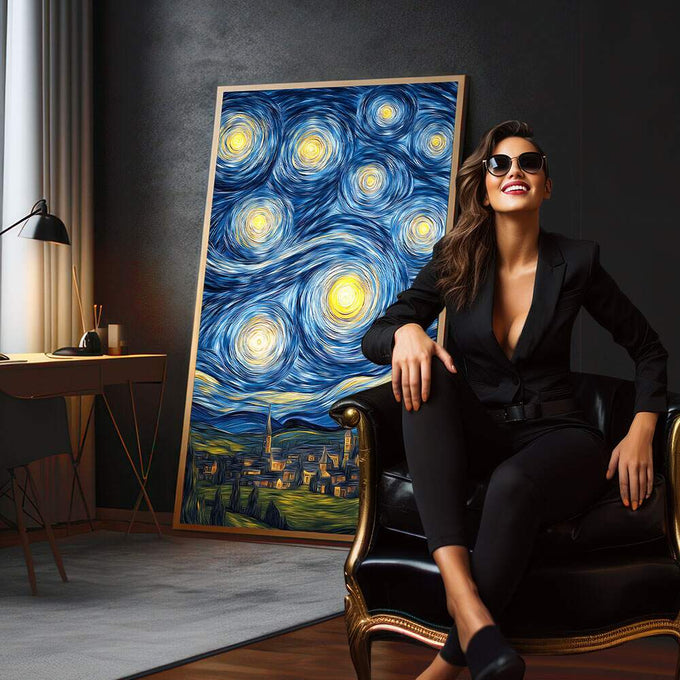Quadro Decorativo Noite Estrelada Magia Celestial | quadros decorativos para sala | Noite estrelada com céu azul profundo e amarelo luminoso acima de cidade iluminada | em Quadros para Sala | Porao dos Quadros