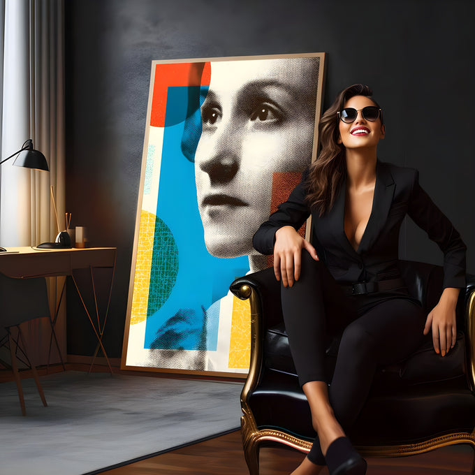 Rosto de mulher em retícula preto e branco com formas geométricas azul, amarela e vermelha, quadro decorativo