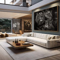 Quadro Decorativo Majestade da Família de Leões | quadros decorativos para sala | Família de leões em preto e branco com detalhes realistas e composição imponente | em Quadros para Sala | Porao dos Quadros