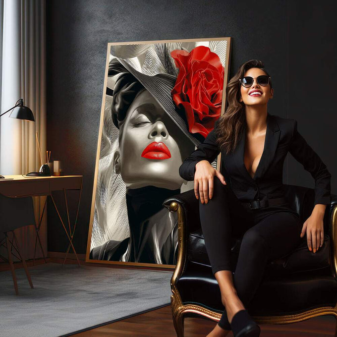 Quadro Decorativo Elegância Abstrata Feminino Estilizado | quadros decorativos para sala | Mulher sofisticada em preto e branco com grande flor vermelha, linhas texturizadas e expressão elegante. | em Quadros para Sala | Porao dos Quadros