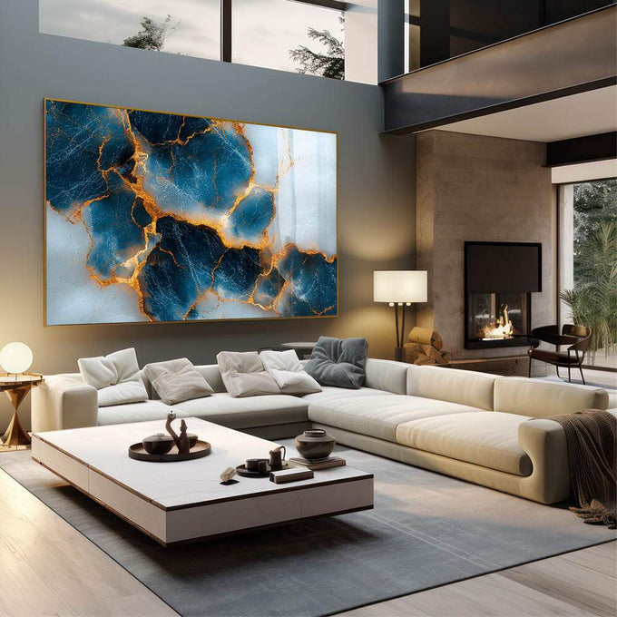 Quadro Decorativo Elegância Azul Dourado - Arte para Ambientes Sofisticados | quadros decorativos para sala | Abstração com blocos azuis profundos cruzados por veios dourados luminosos e textura mineral | em Quadros para Sala | Porao dos Quadros
