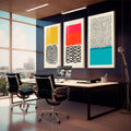 Quadro Decorativo: Abstração Vibrante - Ousadia em Cores | quadros decorativos para sala | Três painéis abstratos geométricos com ondas, pontos e cores amarelo, vermelho e turquesa. | em Quadros para Sala | Porao dos Quadros