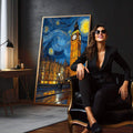 Quadro Decorativo Beleza Noturna | quadros decorativos para sala | Big Ben iluminado sob céu azul noturno com espirais douradas e estrelas brilhantes. | em Quadros para Sala | Porao dos Quadros