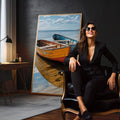Quadro Decorativo Harmonia de Cores Náuticas | quadros decorativos para sala | Três barcos coloridos flutuando em água cristalina com reflexo perfeito e céu azul ao fundo. | em Quadros para Sala | Porao dos Quadros