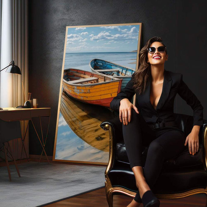 Quadro Decorativo Harmonia de Cores Náuticas | quadros decorativos para sala | Três barcos coloridos flutuando em água cristalina com reflexo perfeito e céu azul ao fundo. | em Quadros para Sala | Porao dos Quadros