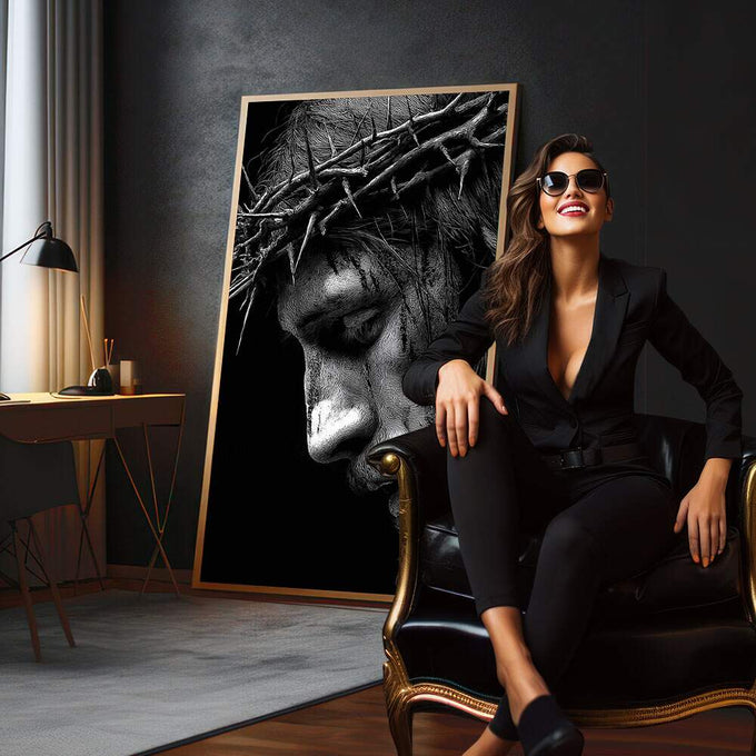 Quadro Decorativo Espiritualidade e Reflexão | quadros decorativos para sala | Rosto masculino em perfil com coroa de galhos retorcidos em preto e branco. | em Quadros para Sala | Porao dos Quadros