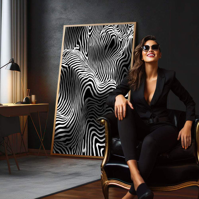 Quadro Decorativo Harmonia em Preto e Branco | quadros decorativos para sala | Padrão de ondas sinuosas em preto e branco criando ilusão óptica abstrata e movimento contínuo | em Quadros para Sala | Porao dos Quadros
