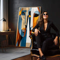 Quadro Decorativo Conexão Geométrica | quadros decorativos para sala | Dois rostos abstratos fragmentados em blocos geométricos de azul, laranja, amarelo e bege em composição contemporânea. | em Quadros para Sala | Porao dos Quadros