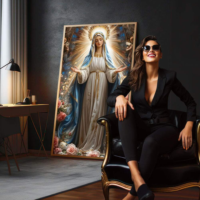 Quadro Decorativo Serenidade da Mãe | quadros decorativos para sala | Nossa Senhora com auréola divina cercada de rosas em composição realista clássica | em Quadros para Sala | Porao dos Quadros