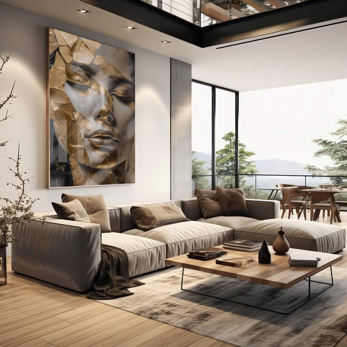 Quadro Decorativo Elegância em Ouro e Preto: Transforme Seu Espaço | quadros decorativos para sala | Rosto feminino em branco com sobreposição de folhas douradas em composição artística | em Quadros para Sala | Porao dos Quadros