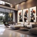 Quadro Decorativo Geométrico Moderno | quadros decorativos para sala | Plantas com folhas pretas e círculos terracota em composição geométrica moderna em três painéis. | em Quadros para Sala | Porao dos Quadros