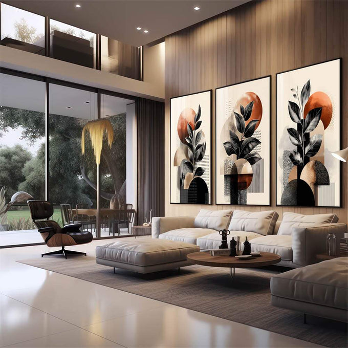 Quadro Decorativo Geométrico Moderno | quadros decorativos para sala | Plantas com folhas pretas e círculos terracota em composição geométrica moderna em três painéis. | em Quadros para Sala | Porao dos Quadros