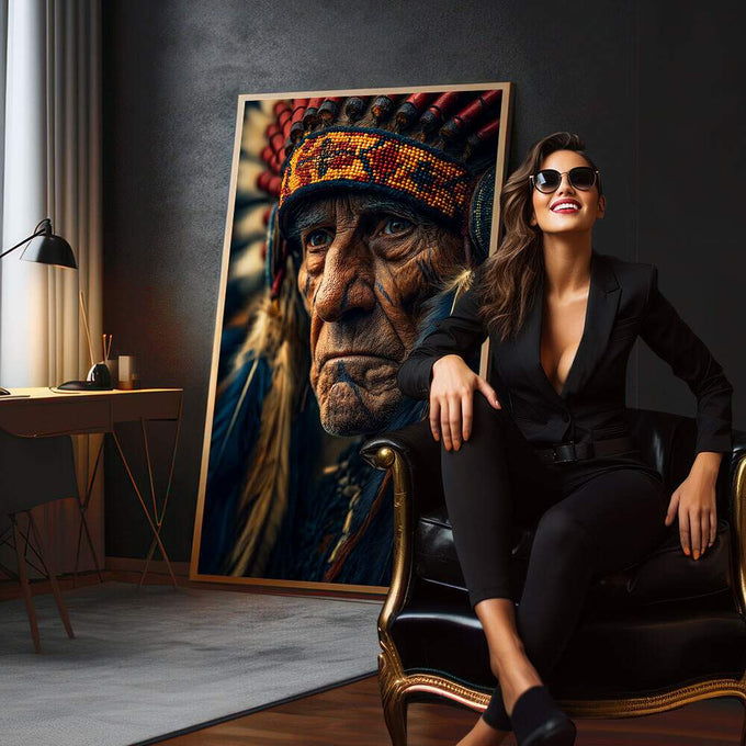 Quadro Decorativo - O Líder Indígena em Arte | quadros decorativos para sala | Retrato indígena com cocar vermelho e dourado em realismo dramatizado com tons quentes e azul profundo. | em Quadros para Sala | Porao dos Quadros