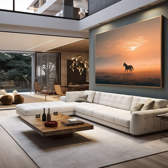 Quadro Decorativo Cavalo em Liberdade Plena | quadros decorativos para sala | Cavalo em silhueta ao pôr do sol dourado em campo com névoa matinal e composição poética | em Quadros para Sala | Porao dos Quadros