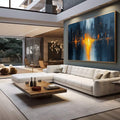 Quadro Decorativo Dualidade Urbana Abstrata | quadros decorativos para sala | Cidade abstrata em azul profundo com explosão de luz dourada no centro, composição vertical. | em Quadros para Sala | Porao dos Quadros