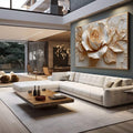Quadro Decorativo Rosa Elegante | quadros decorativos para sala | Rosa branca e dourada em relevo texturizado com detalhes botânicos volumétricos | em Quadros para Sala | Porao dos Quadros