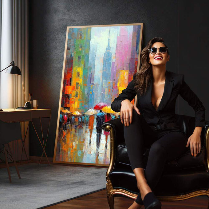 Quadro Decorativo Cidade em Movimento | quadros decorativos para sala | Cena de rua chuvosa com guarda-chuvas em cores vibrantes e edifícios de metrópole ao fundo. | em Quadros para Sala | Porao dos Quadros