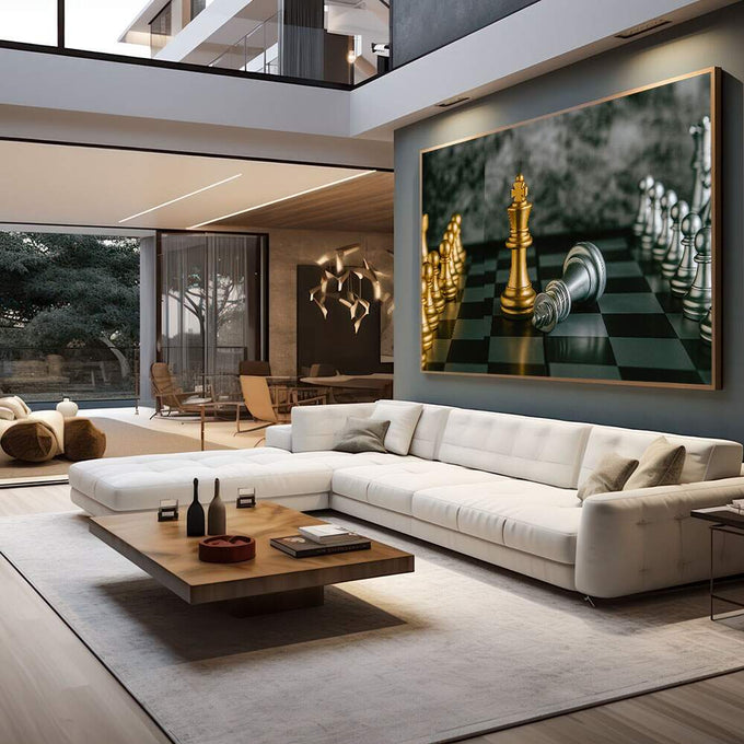 Quadro Decorativo Majestade do Xadrez | quadros decorativos para sala | Peças de xadrez em dourado e prata sobre tabuleiro verde escuro com rainha em destaque e rei caído. | em Quadros para Sala | Porao dos Quadros