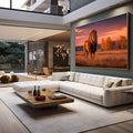 Quadro Decorativo Leão Majestoso | quadros decorativos para sala | Leão majestoso caminhando pela savana dourada ao entardecer com céu em chamas | em Quadros para Sala | Porao dos Quadros