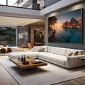 Quadro Decorativo Pôr do Sol Tropical | quadros decorativos para sala | Pôr do sol tropical com cabanas flutuantes, palmas e reflexo dourado na água azul turquesa | em Quadros para Sala | Porao dos Quadros