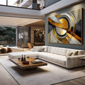Quadro Abstrato Luxuoso com Dourado e Preto | quadros decorativos para sala | Composição abstrata geométrica em dourado, preto e bege com formas circulares entrelaçadas e pinceladas dinâmicas | em Quadros para Sala | Porao dos Quadros