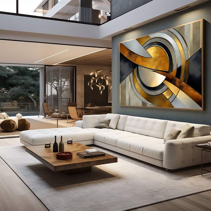 Quadro Abstrato Luxuoso com Dourado e Preto | quadros decorativos para sala | Composição abstrata geométrica em dourado, preto e bege com formas circulares entrelaçadas e pinceladas dinâmicas | em Quadros para Sala | Porao dos Quadros