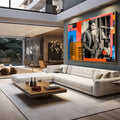 Quadro Decorativo Essência do Jazz Vibrante | quadros decorativos para sala | Saxofonista em preto e branco com formas geométricas abstratas em laranja, azul e vermelho ao fundo | em Quadros para Sala | Porao dos Quadros