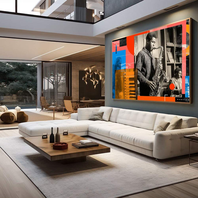 Quadro Decorativo Essência do Jazz Vibrante | quadros decorativos para sala | Saxofonista em preto e branco com formas geométricas abstratas em laranja, azul e vermelho ao fundo | em Quadros para Sala | Porao dos Quadros