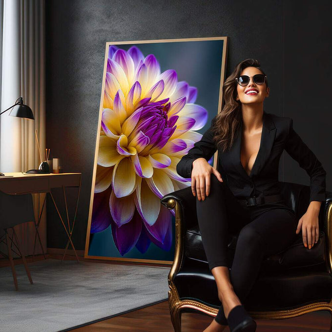 Quadro Decorativo Flor Exuberante Amarelo e Roxo | quadros decorativos para sala | Dália roxa e amarela em aquarela com pétalas detalhadas e luz natural. | em Quadros para Sala | Porao dos Quadros