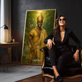 Quadro Decorativo Orixá Logunedé: Luz e Equilíbrio | quadros decorativos para sala | Figura em ouro com coroa em floresta verde profunda, composição realista e majestosa | em Quadros para Sala | Porao dos Quadros