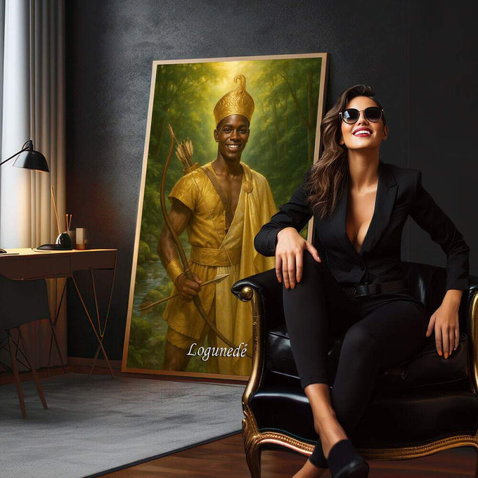 Quadro Decorativo Orixá Logunedé: Luz e Equilíbrio | quadros decorativos para sala | Figura em ouro com coroa em floresta verde profunda, composição realista e majestosa | em Quadros para Sala | Porao dos Quadros