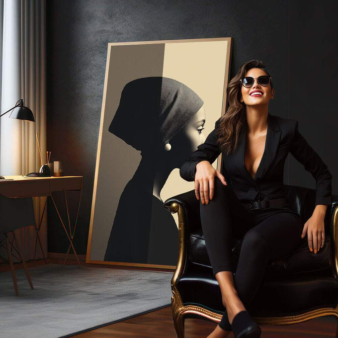 Quadro Decorativo Silhueta Elegante: Feminino | quadros decorativos para sala | Silhueta de mulher em perfil com cabeça envolvida em tecido, preto e branco com tom creme. | em Quadros para Sala | Porao dos Quadros