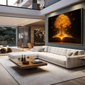 Quadro Decorativo Árvore do Conhecimento | quadros decorativos para sala | Árvore dourada incandescente brotando de livro aberto com folhas voando contra fundo preto | em Quadros para Sala | Porao dos Quadros