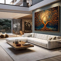 Quadro Decorativo Árvore da Vida | quadros decorativos para sala | Árvore dourada com flores laranja em fundo azul e cenário citadino | em Quadros para Sala | Porao dos Quadros