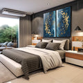 Quadro Decorativo: Oásis Cardume Encantador | quadros decorativos para sala | Cardume de peixes dourados em espiral contra azul marinho texturizado em composição abstrata | em Quadros para Sala | Porao dos Quadros