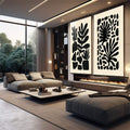Quadro Decorativo Elegância Natural | quadros decorativos para sala | Duas telas com folhas abstratas em silhuetas pretas sobre fundo bege, composição minimalista e contemporânea. | em Quadros para Sala | Porao dos Quadros