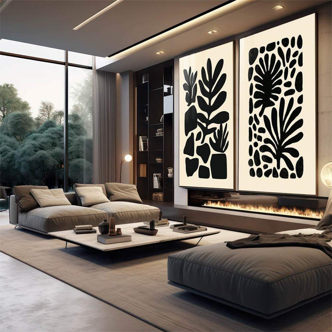 Quadro Decorativo Elegância Natural | quadros decorativos para sala | Duas telas com folhas abstratas em silhuetas pretas sobre fundo bege, composição minimalista e contemporânea. | em Quadros para Sala | Porao dos Quadros