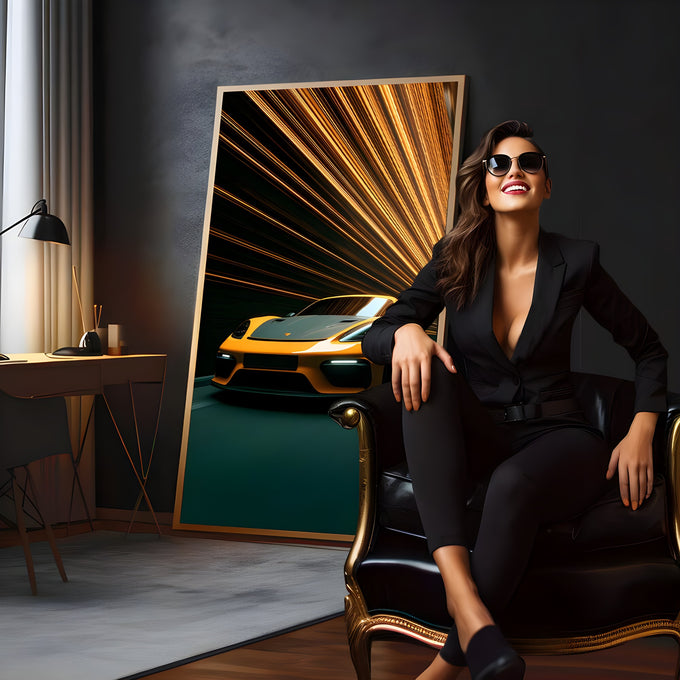 Porsche amarelo em túnel de luzes douradas sobre fundo verde escuro, quadro decorativo