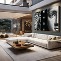 Quadro Decorativo: Força e Serenidade | quadros decorativos para sala | Leão majestoso e rosto humano em preto e branco com painel geométrico centralizado | em Quadros para Sala | Porao dos Quadros