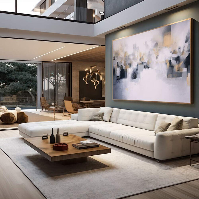 Quadro Decorativo Abstrato Azul e Dourado | quadros decorativos para sala | Composição abstrata geométrica em cinza, azul e dourado com blocos fluidos e luz etérea | em Quadros para Sala | Porao dos Quadros