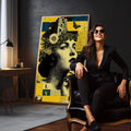 Quadro Decorativo Reflexos da Alma Feminina | quadros decorativos para sala | Mulher com flores, borboletas e blocos geométricos em amarelo, azul e preto | em Quadros para Sala | Porao dos Quadros