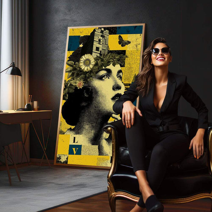 Quadro Decorativo Reflexos da Alma Feminina | quadros decorativos para sala | Mulher com flores, borboletas e blocos geométricos em amarelo, azul e preto | em Quadros para Sala | Porao dos Quadros
