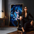 Batman e Mulher-Gato se beijando sob a chuva em pintura azul e preta, quadro decorativo
